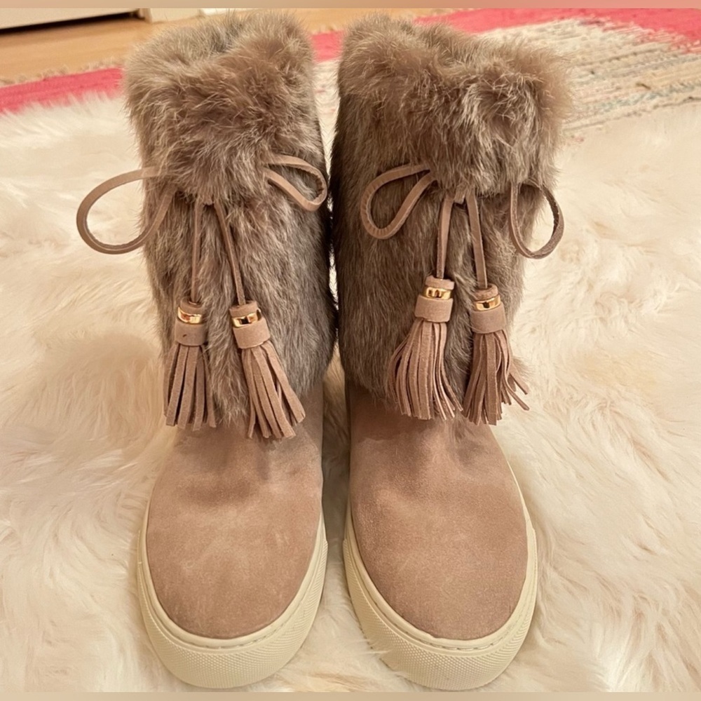 Tory Burch authentic Anjelica Suede and Rabbit Fur Boot Dark Knot sz 9 NEW